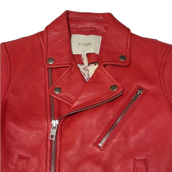 MAJE MOTORCYCLE JACKET NWT RED LEATHER Size-36 - Picture 3 of 11